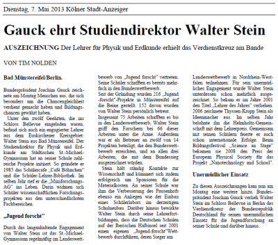 Gauck ehrt Studiendirektor Walter Stein