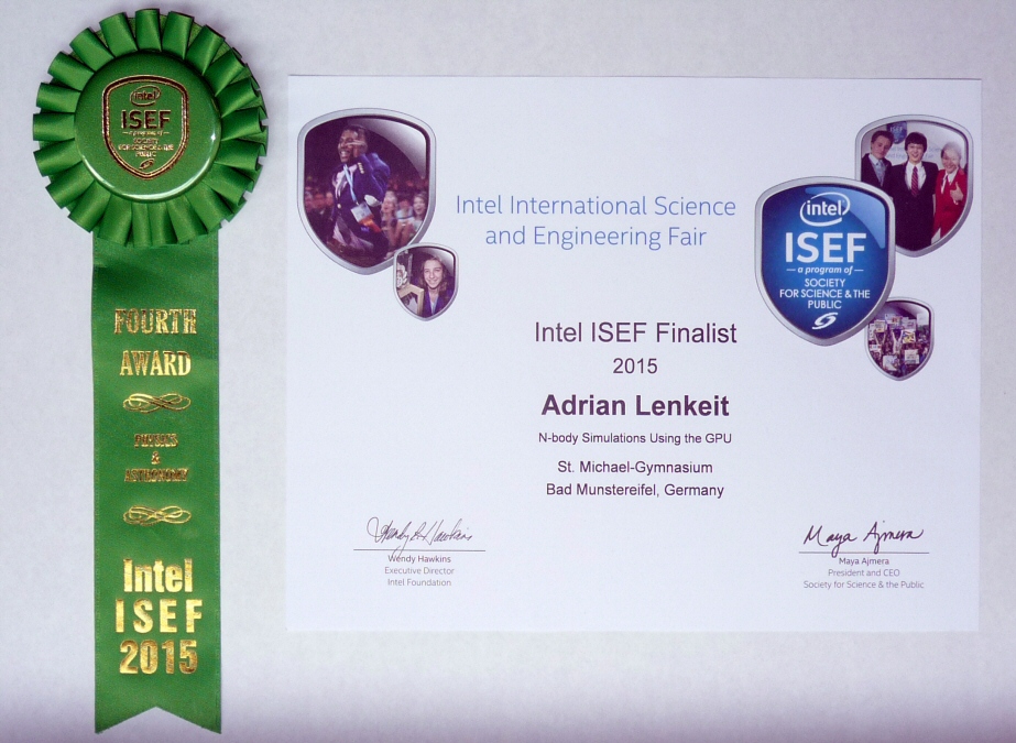 Adrian's award certificate from ISEF 2015 in the USA
