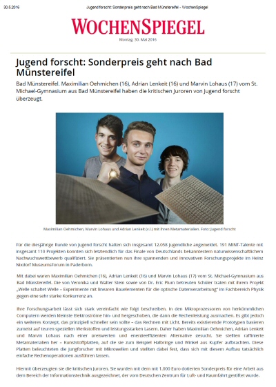 Jugend forscht: Sonderpreis geht nach Bad Münstereifel