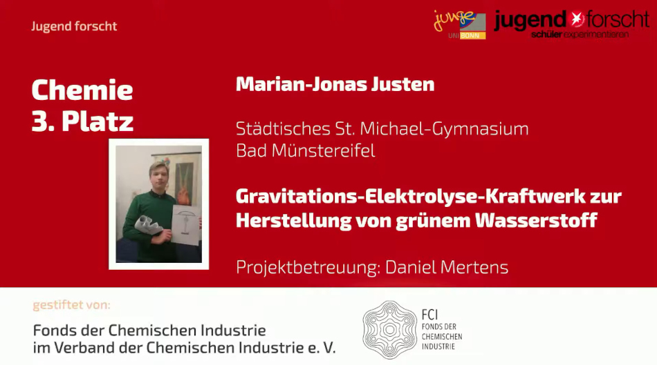 Marian-Jonas Justen wird dritter im Fachbereich Chemie auf dem digitalen Regionalwettbewerb mit seinem Gravitations-Elektroyse-Kraftwerk
