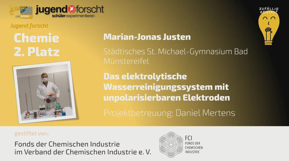 Marian-Jonas Justen wird mit seinem Wasserreinigungssystem zweiter in Chemie auf dem digitalen Regionalwettbewerb